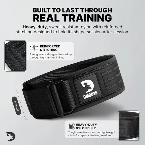 Vista 5 de DMoose Fitness Cinturón de levantamiento de pesas con bloqueo automático para hombres y mujeres, cinturón de nailon de 4 pulgadas para sentadillas