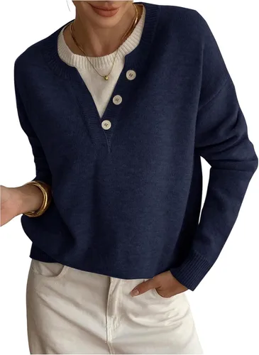 Vista 13 de SOLY HUX Suéteres Pullover para Mujer de Manga Larga con Botones Cuello Redondo 2 en 1 Tops de Punto Holgados Albaricoque puro
