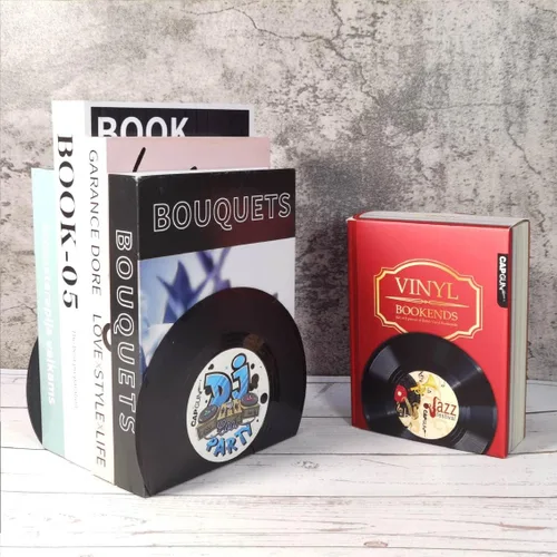 Vista 6 de Sujetalibros modernos para estantes, diseño de discos de vinilo retro, sujetalibros decorativos para amantes de la música, tapón decorativo