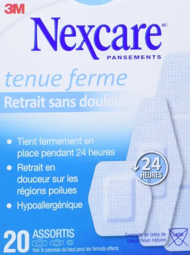 Vista 2 de Nexcare Vendajes para piel sensible, eliminación sin dolor, varios tamaños, 20 unidades, sujeción fuerte, liberación suave para pieles delicadas