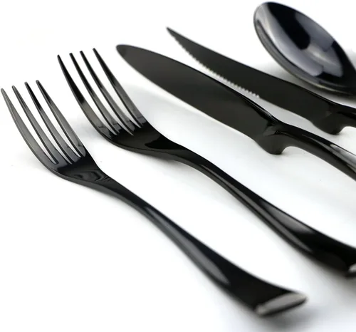 Vista 3 de Juego de cubiertos de acero inoxidable negro pulido con espejo, cuchillo de carne, tenedor, tenedor de ensalada, cuchara de postre, 24 piezas