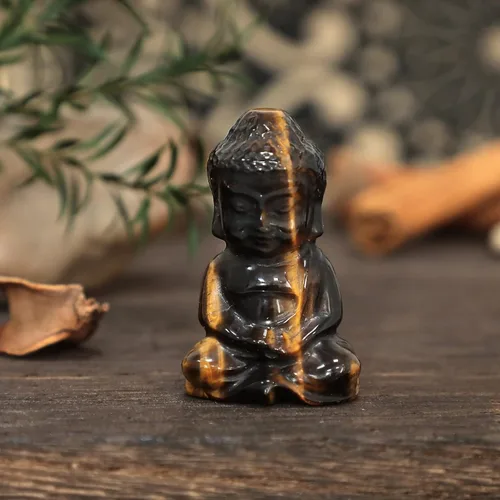 Vista 3 de Figura de cristal de Buda de cristal, 2 pulgadas, tallada a mano, piedra de bolsillo, decoración del hogar, ojo de tigre Ojo de tigre marrón