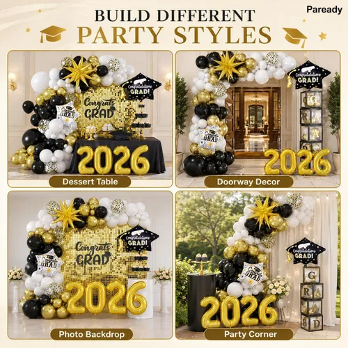 Vista 5 de Kit de Arco de Globos Paready Graduación 2025, 120 Piezas de Arco de Globos Graduación Negro y Dorado, Globos de Confeti Negro y Dorado Metálicos