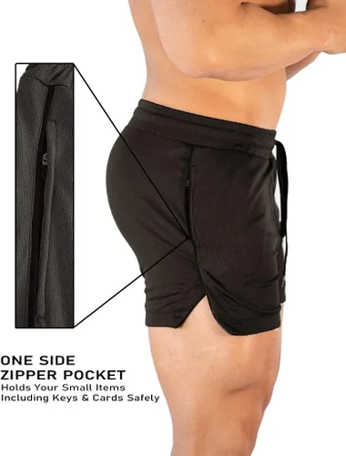 Vista 3 de FLYFIREFLY Pantalones cortos de entrenamiento de gimnasio para hombre, ligeros, atléticos, pantalones cortos para entrenamiento de culturismo
