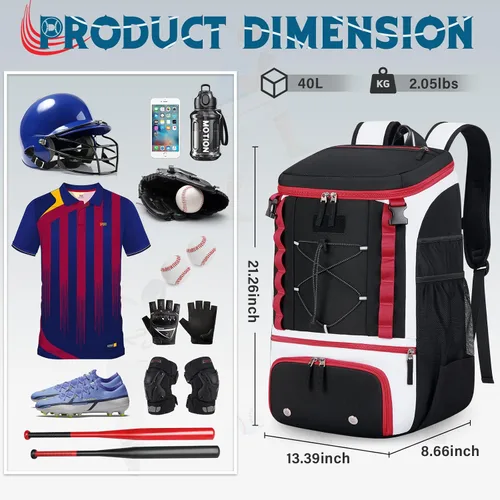 Vista 2 de SDYSM Bolsa de béisbol ligera para adultos y jóvenes, mochila de béisbol grande de 40 litros con compartimento para zapatos, soporte para casco