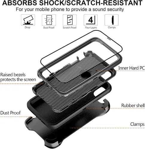 Vista 3 de Funda para iPhone Xs Max de 6.5 pulgadas, con clip para cinturón, soporte con 2 protectores de pantalla, cuerpo completo, resistente, resistente