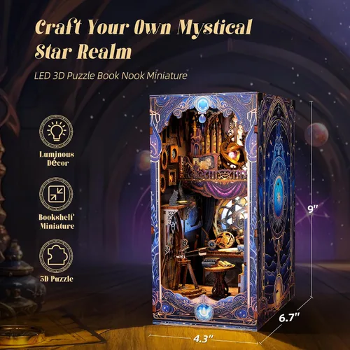 Vista 2 de FUNPOLA Kit de rompecabezas de madera 3D para rincón de lectura, estante con mapa estelar de astrología con luces LED, decoración