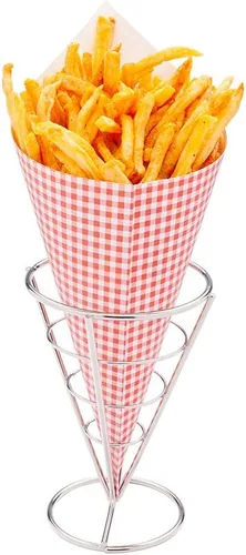 Vista 9 de Restaurantware Soporte para papas fritas de 4 x 5 pulgadas, 1 soporte para freír – con 2 soportes para salsas, soporte de cono de acero inoxidable