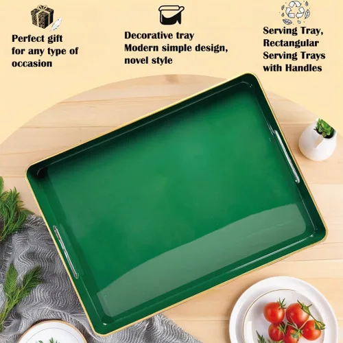 Vista 7 de Bandeja grande verde, elegante bandeja de plástico para mesa de café estilo otomano, decoración del hogar, para sala de estar. 16.7" * 12" * 1.6