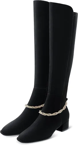Vista 4 de 7or9 Botines de tacón medio para mujer con suela de lengüeta Chelsea Fashion Go Go Botas hasta la rodilla Botas de tacón grueso de lana - Negro