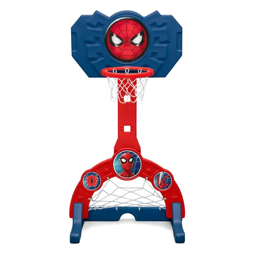 Vista 9 de Delta Children Marvel Spider Man Centro Deportivo 4 en 1 – Aro de Baloncesto Ajustable Easy Score, Red de Fútbol/Hockey y Juego de Golf, Rojo/Azul