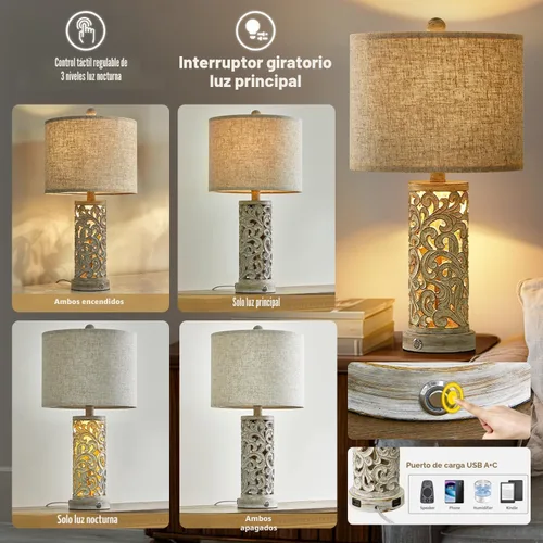 Vista 3 de OYEARS Juego de 2 lámparas de mesita de noche con USB y luz nocturna, lámparas táctiles regulables de 22 pulgadas para mesita de noche, lámparas
