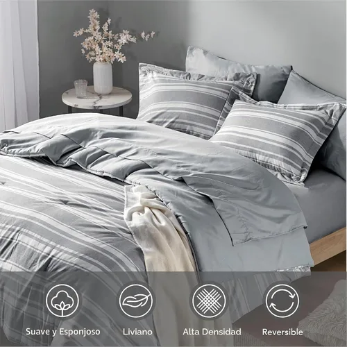Vista 4 de Codi Juego de cama tamaño Queen en una bolsa, juego de ropa de cama matrimonial, moderno edredón de rayas grises y blancas con sábanas, juego