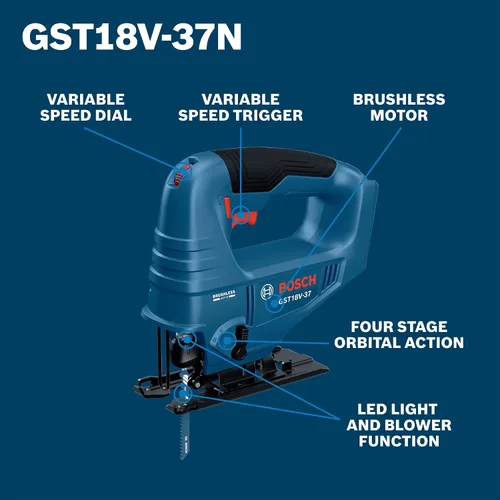 Vista 2 de BOSCH GST18V-37N Sierra caladora de mango superior sin escobillas de 18 V, potente, compacta, profundidad de corte de 3.7 pulgadas, 3300 SPM, 4