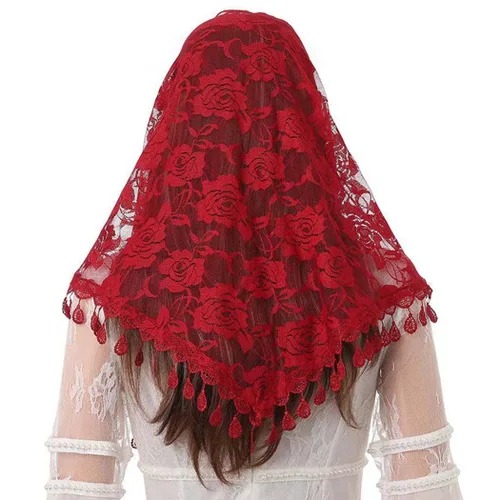 Vista 6 de Eaytmo Mass Veil - Bufanda latina de encaje para mujer, diseño de catedral, color rojo