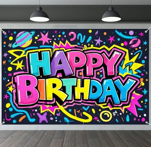 Vista 8 de IVN Pancarta de decoración de cumpleaños, graffiti, tema de galaxia, telón de fondo de 71 x 43 pulgadas con letras de burbujas blancas, estrellas