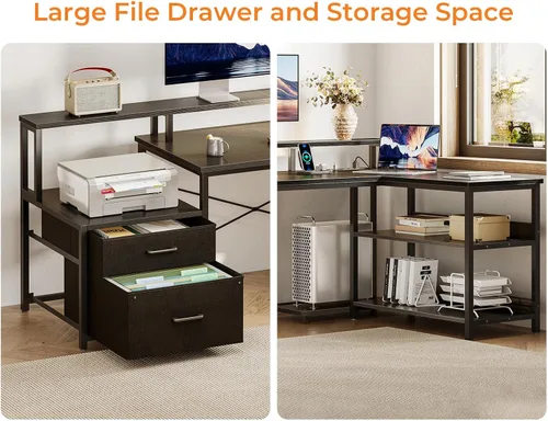 Vista 4 de ODK Escritorio en Forma de L con Cajón de Archivos, Escritorio de Computadora Reversible en Forma de L de 75", con Toma de Corriente y Tira LED