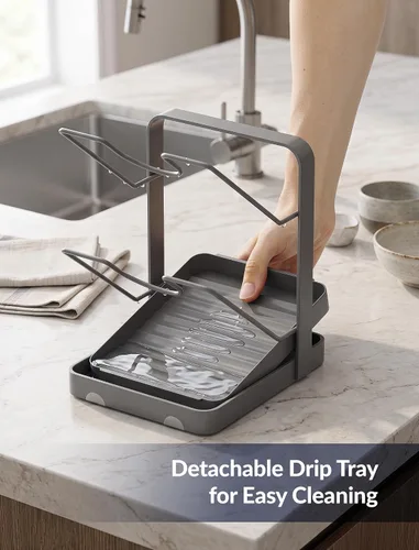 Vista 2 de NiHome Soporte para tapa de olla y soporte para cuchara con bandeja de goteo extraíble, organizador de encimera de cocina de hierro negro