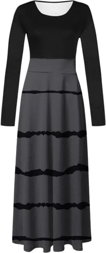 Vista 4 de Vestido bohemio con estampado de rayas para mujer, vestido largo de manga larga, cuello redondo, acampanado, maxi vestidos fluidos