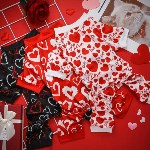 Vista 5 de Weewooday Pijama de 3 piezas para perro, conjunto de overol y overol para perro, ropa con patrón de corazón para cachorros y gatos (M