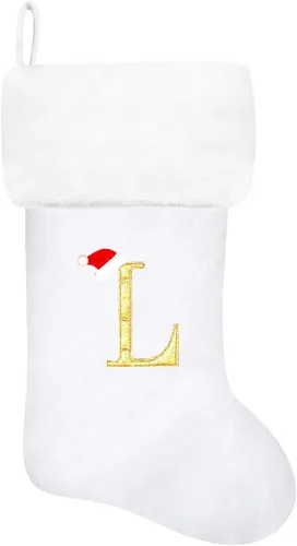 Vista 112 de Calcetines de Navidad bordados de 20 pulgadas con monograma, terciopelo negro con puño de felpa blanca supersuave, adornos clásicos para decoración