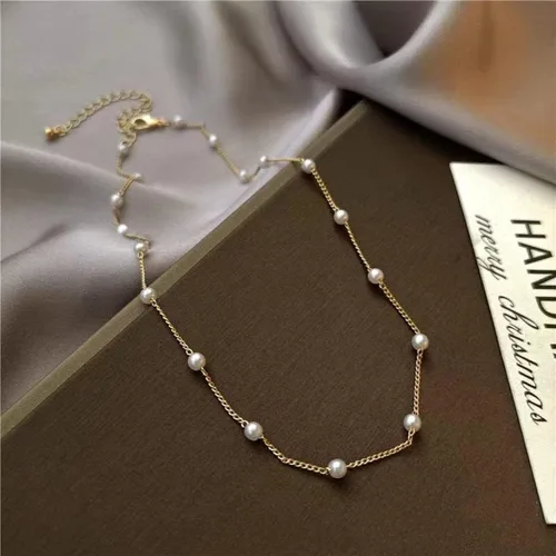 Vista 7 de Collares de perlas para mujer, gargantilla de perlas chapadas en oro de 14 quilates, collar de perlas de oro delicado, gargantilla de oro simple