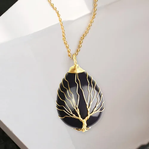 Vista 5 de Collar con colgante de lágrima envuelto en alambre dorado, collares de piedra de cristal curativa del árbol de la vida, joyas de piedras preciosas