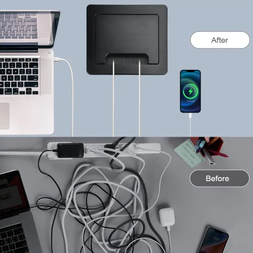 Vista 8 de Caja de conectividad para cable de cepillo de mesa con 2 alimentación de CA + 1 cargador USB-A + 1 cargador USB-C + 4 agujeros para cables con cable