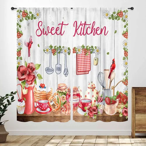 Vista 6 de Cortinas de cocina rústicas, color negro y blanco, tablón de madera con cuchillo y cuchara para barra, bolsillo para barra, tratamiento de ventana