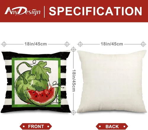 Vista 2 de AnyDesign Fundas de almohada de verano para verano, sandía, gnomo, camión, funda de cojín de rayas blancas y negras, para el hogar