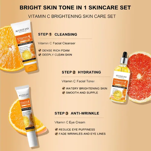 Vista 3 de Set de cuidado de la piel con vitamina C para mujeres, rutina hidratante 5 en 1 con ácido hialurónico con limpiador facial, suero, crema facial