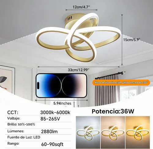 Vista 3 de Lámpara de techo moderna, lámpara de techo regulable LED de 36 W con control remoto, cambio de temperatura de color, pequeña lámpara de araña dorada