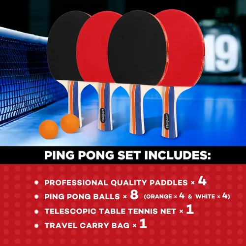 Vista 2 de FBSPORT Set de palas de ping pong, juego de tenis de mesa con 4 raquetas y 8 bolas, red retráctil con bolsa de almacenamiento - accesorios de pala 4