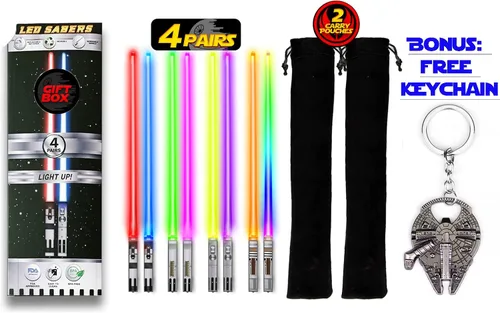 Vista 8 de SaberChops - Palillos de sable de luz con luz LED de Star Wars, reutilizables, 8 modos de color, 4 pares gratis, llavero de halcón milenario