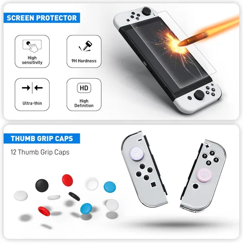 Vista 6 de FANPL Improved Clear Case Kit for Nintendo Switch OLED, PC Cover for Switch OLED Console and TPU Case with Transparent Lattice Pattern for Joy Con