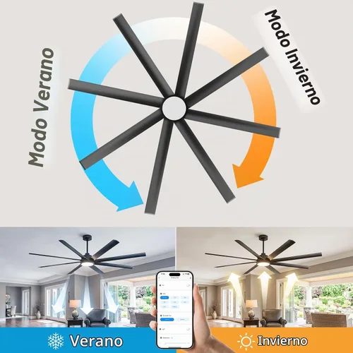Vista 4 de 72 Inch Outdoor Ceiling Fan with Light, Modern Black Smart Ceiling Fan with Alexa/App/Remote Control, 8 Anti-Rust Aluminum Blades, High 9799 CFM