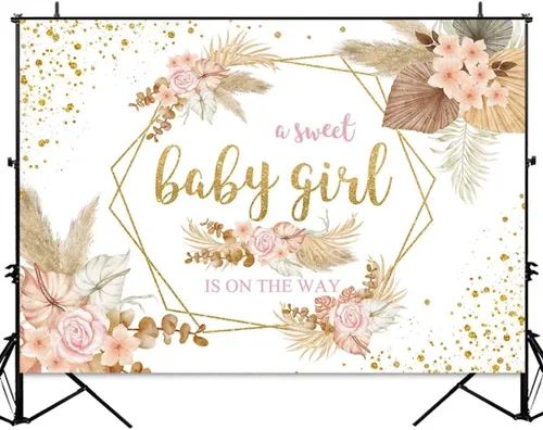 Vista 4 de Sensfun Telón de fondo bohemio para baby shower con texto en inglés "It's A Girl", fondo de fotografía de baby shower, rosa rubor, floral, hierba