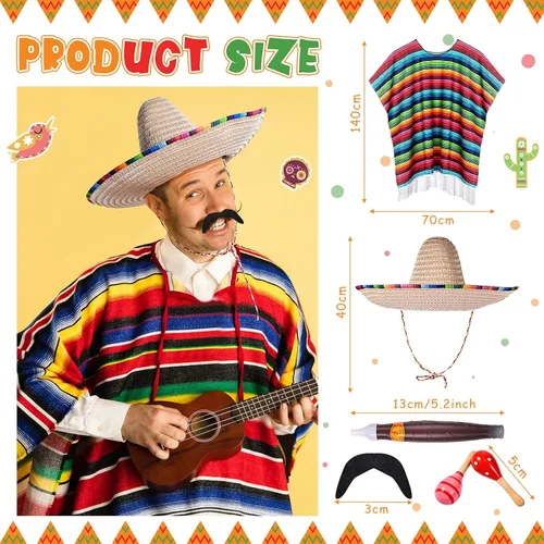 Vista 2 de El juego de disfraz de fiesta mexicana incluye sombrero de poncho de serape mexicano con bigote falso accesorio de palito de maracas coloridas