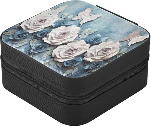 Vista 3 de Flradish White Blue Roses Travel Jewelry Case PU Leather Mini Jewelry Travel Case Portable Travel Jewellery Ring Organizer for Womens Rings Earrings