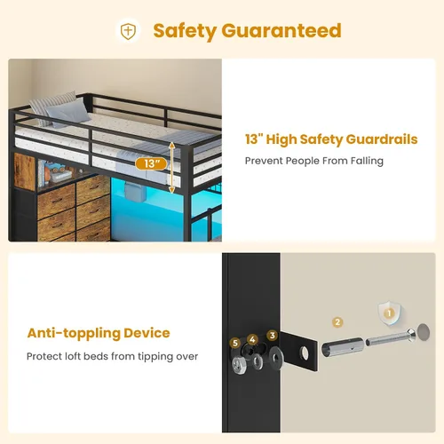 Vista 7 de ADORNEVE - Cama tipo loft tamaño individual con escaleras de almacenamiento, 8 cajones, cama tipo loft de metal para niños tamaño individual