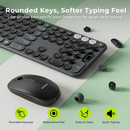 Vista 3 de seenda COE202 - Combo de teclado y mouse Bluetooth, teclas redondas retro, color negro Retro silent keyboard and mouse connects to 3 devices