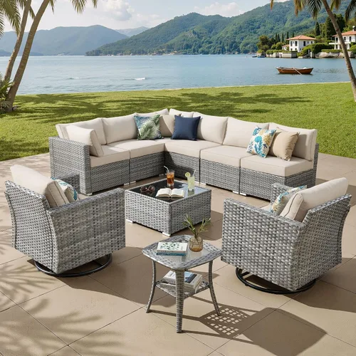 Vista 24 de ovios Juego de muebles de patio al aire libre de 5 piezas con mesa de café, conjunto seccional de muebles de patio con sofá de mimbre para todo tipo