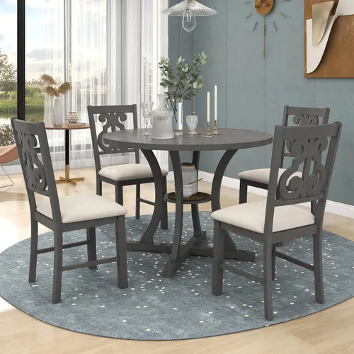 Vista 11 de P PURLOVE Juego de mesa de cocina de 5 piezas, mesa de comedor redonda con estante de almacenamiento y silla para 4 personas, juego de mesa y silla