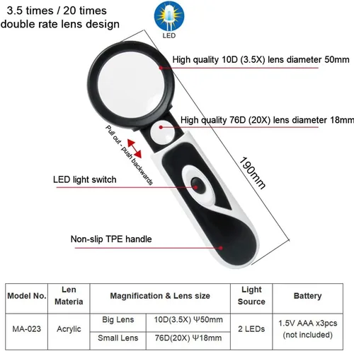 Vista 5 de MA-023 3.5X Times Lupa de mano con cinturón telescópico Luces LED 20 veces faro electrónico
