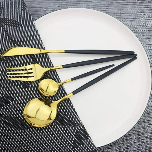 Vista 2 de JASHII Black GoldSilverware - Juego de cubiertos de acero inoxidable de 20 piezas con acabado satinado, utensilios de cocina, cubiertos pulidos