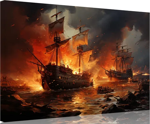 Vista 32 de TutuBeer 3 Piezas Arte de Pared Batalla Naval Barco Imagen Barco Pirata Velero Póster Barco Pirata Azul en Llamas Imagen Impresa en Lienzo Póster
