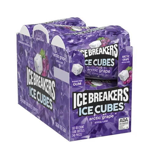 Vista 3 de ICE BREAKERS Ice Cubes Goma de mascar sabor uva ártica, sin azúcar, botellas, 3.24 oz (6 unidades, 40 piezas)
