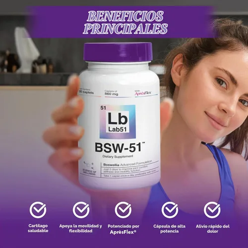 Vista 3 de Boswellia Serrata AprèsFlex® Advanced Joint Support - BSW-51 con ácido hialurónico, colágeno tipo II y piperina - 30 cápsulas, 860 mg cada una
