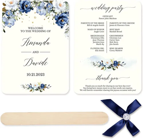 Vista 2 de DORIS HOME Abanico de Programa de Bodas Azules Personalizado, 50 Uds., 5 pulgadas de ancho x 7 pulgadas de alto, lazos de cinta azul con perlas 5