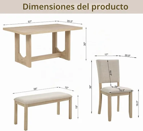 Vista 2 de LUMISOL Juego de mesa de comedor de 6 piezas con banco, juego de mesa de cocina rectangular con base en forma de U, 4 sillas tapizadas y banco